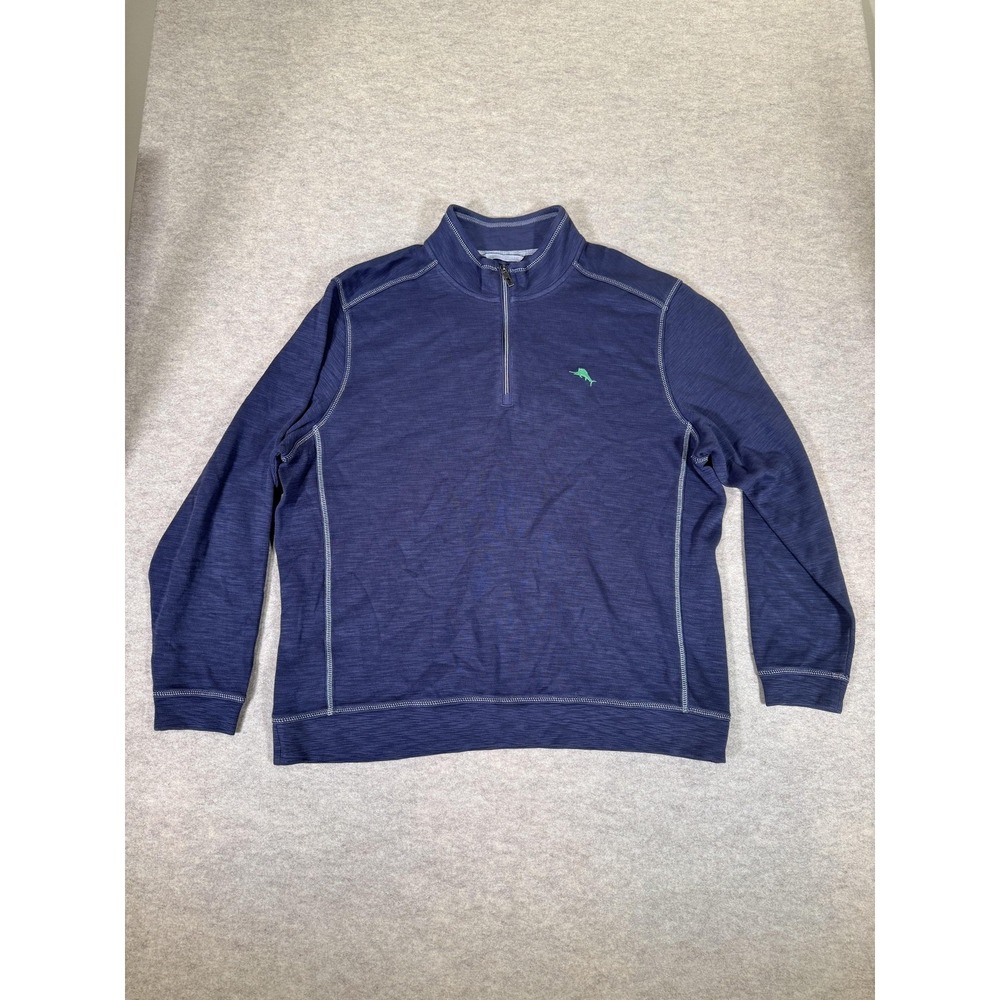 Tommy Bahama Sweater Mens 2XL Blue Quarter Zip Mock Neck Pullover Waffle Knit